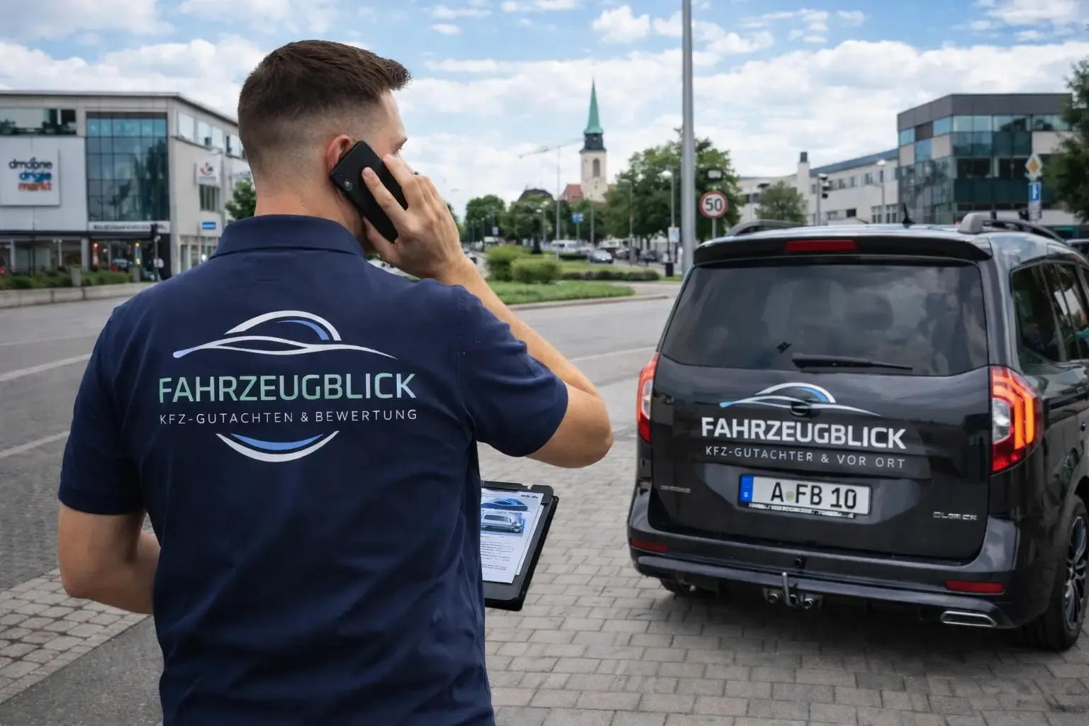 Fahrzeugblick-Gutachter telefoniert am Unfallort in Augsburg neben dem Fahrzeugblick-Einsatzwagen